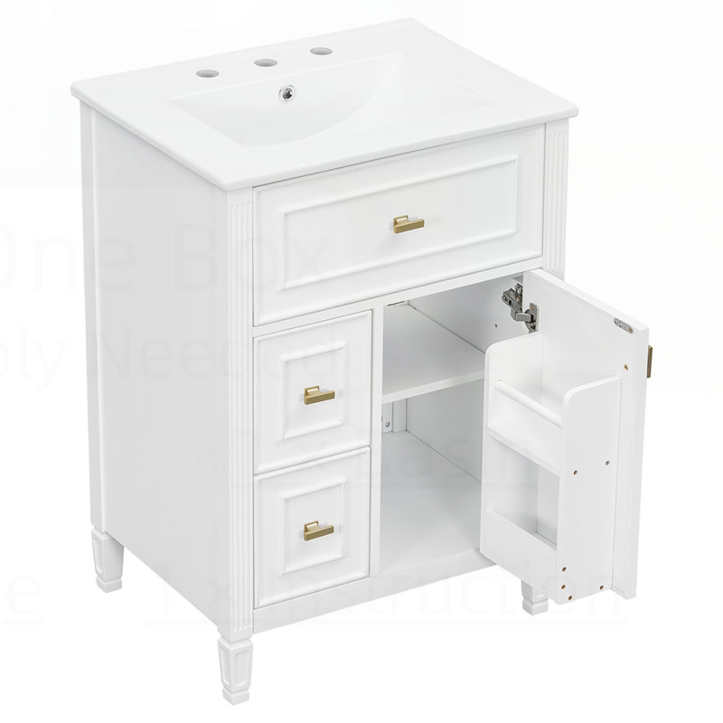 Meuble-lavabo de salle de bain avec lavabo, tiroir rabattable et tablette réglable, bois massif et panneau de fibres à densité moyenne pour plus de durabilité et de rangement