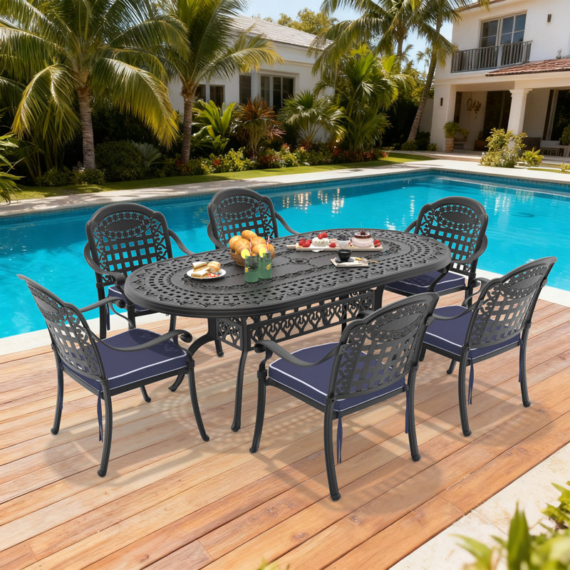 7-Piece Patio Dining Set, 81.89"L Oval Table with Umbrella Hole & 6 Stackable Chairs, Blue Cushions, 6