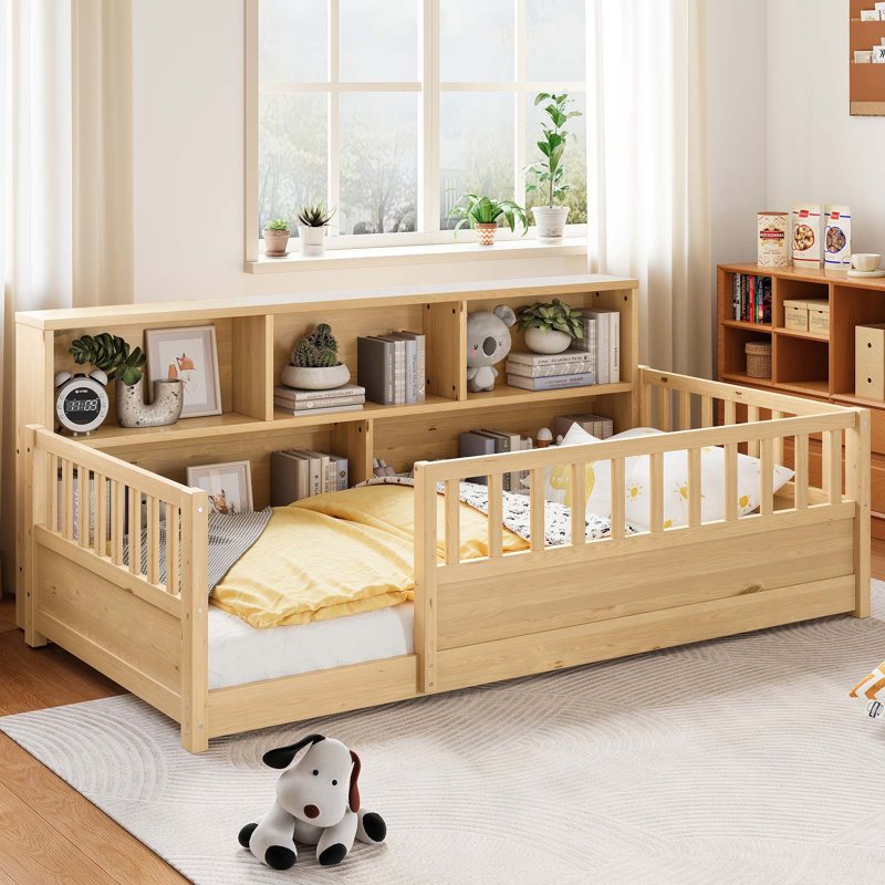 Wooden Floor Bed with A Fence-Style Guardrail,Featuring a Side Storage Decorative Function, Twin, Natural