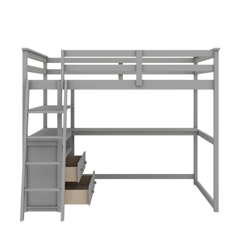 Lit mezzanine double avec tablettes de bureau intégrées et 2 tiroirs intégrés, Gris