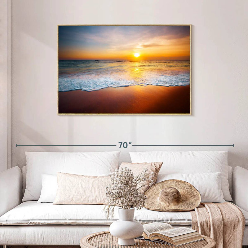 Coucher de soleil sur les vagues mousseuses, Cadre flottant en bois naturel, 43 po x 29 po
