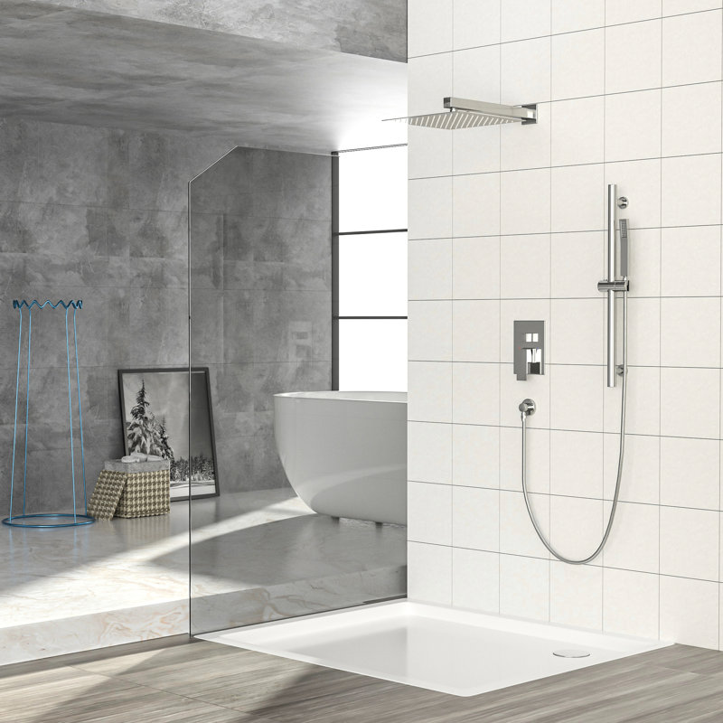 10 Inch Square Wall Mounted Shower System With - Balanced Valve, Adjustable Slide Bar, Rainfall And Handheld Shower, Easy To Clean, Brushed Nickel Scald Installation,