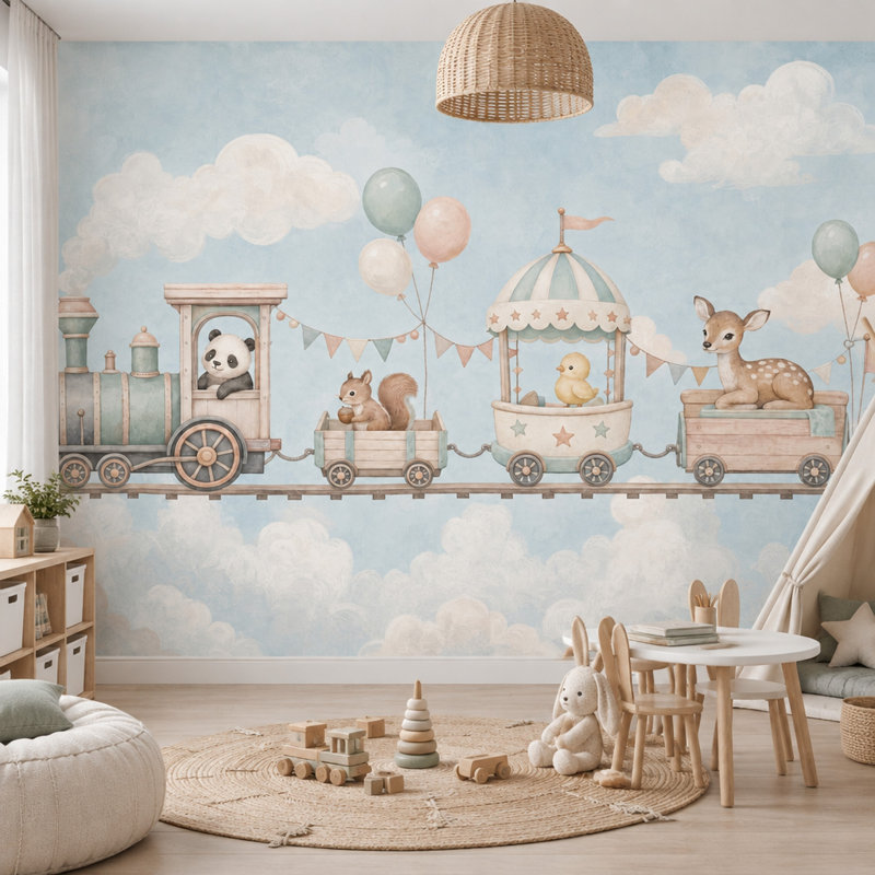 Papier peint mural pastel représentant un train miniature et un ciel nuageux, 160"x108", Peel and Stick