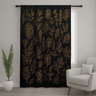 Golden Botanical Illustrations Window Curtains, Botanical Sheer & Blockout Curtains - 1 Panel