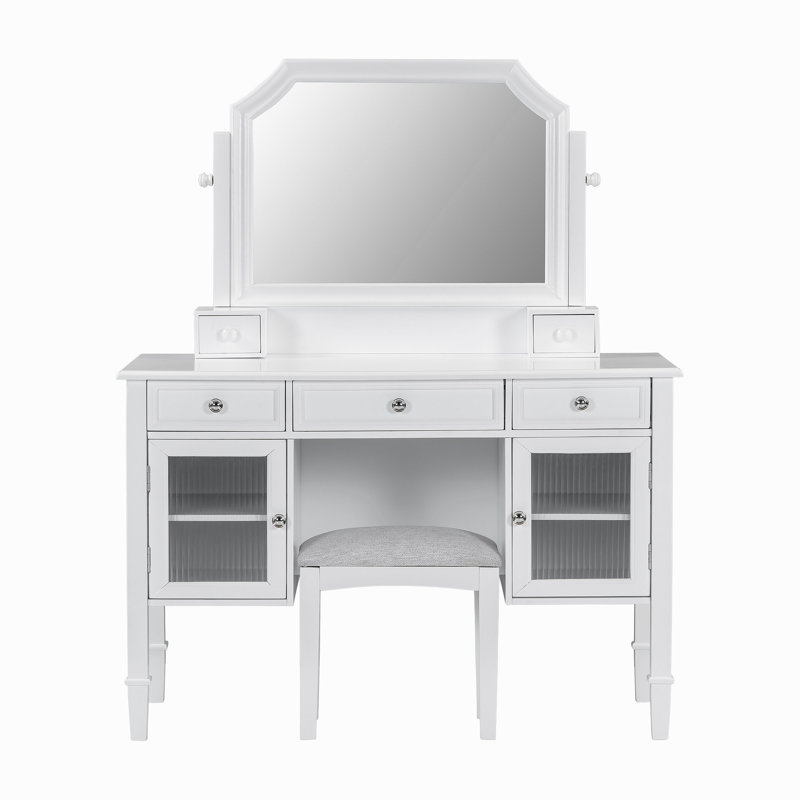 Meuble-lavabo de 44,4 po avec grand miroir réglable, coiffeuse avec tiroir et armoire, coiffeuse pour la chambre