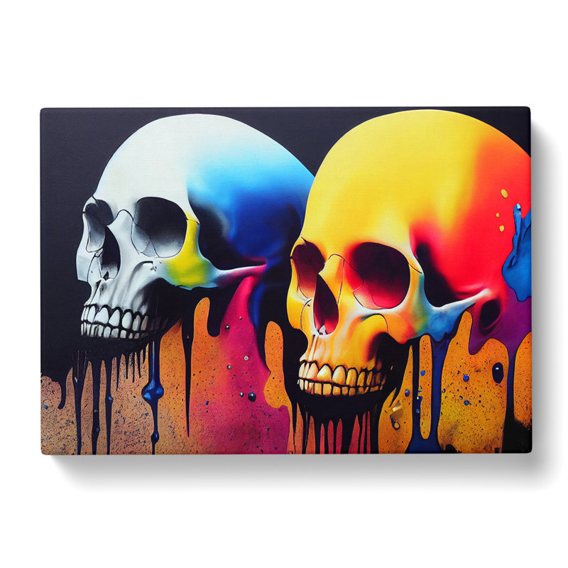 XXX-H1022-WF-2875X Dripping Paint Skulls - Wrapped Canvas Painting, 40cm H x 60cm W x 3cm D
