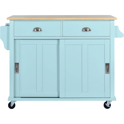Chariot de cuisine avec comptoir à abattants en bois d'hévéa, porte de grange coulissante dissimulée à hauteur réglable, îlot de cuisine sur 4 roulettes avec armoire de rangement et 2 tiroirs, L 52,2 x l 30,5 x H 36,6 po