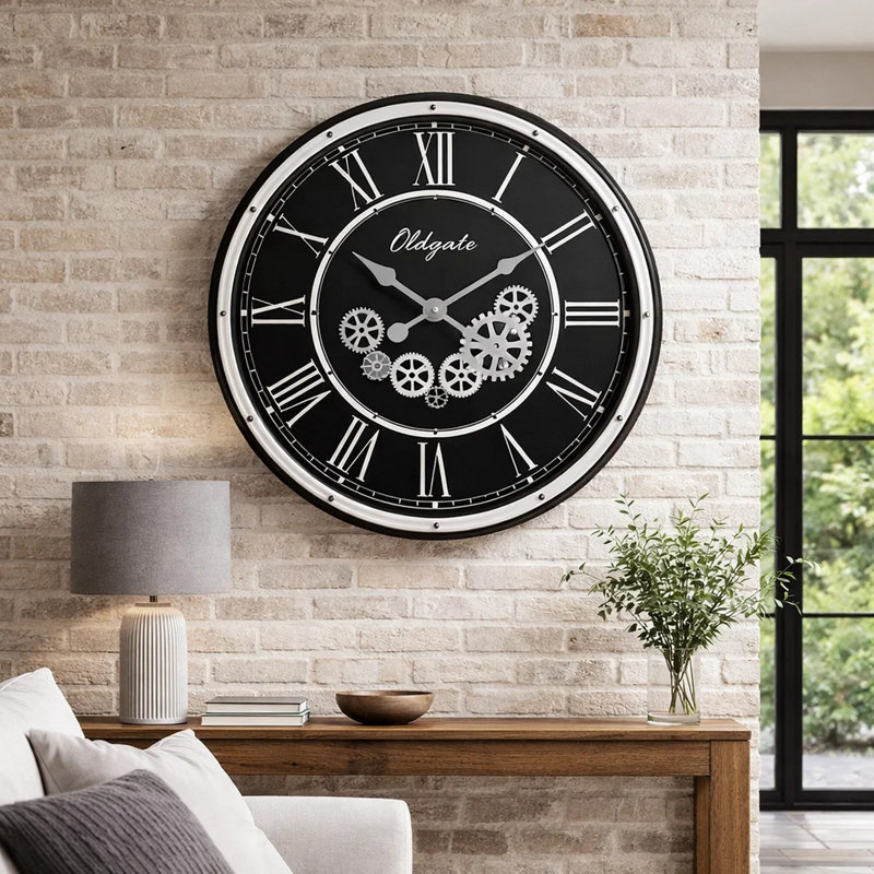 Horloge murale, engrenage rétro, cadre blanc et noir, 30 pouces