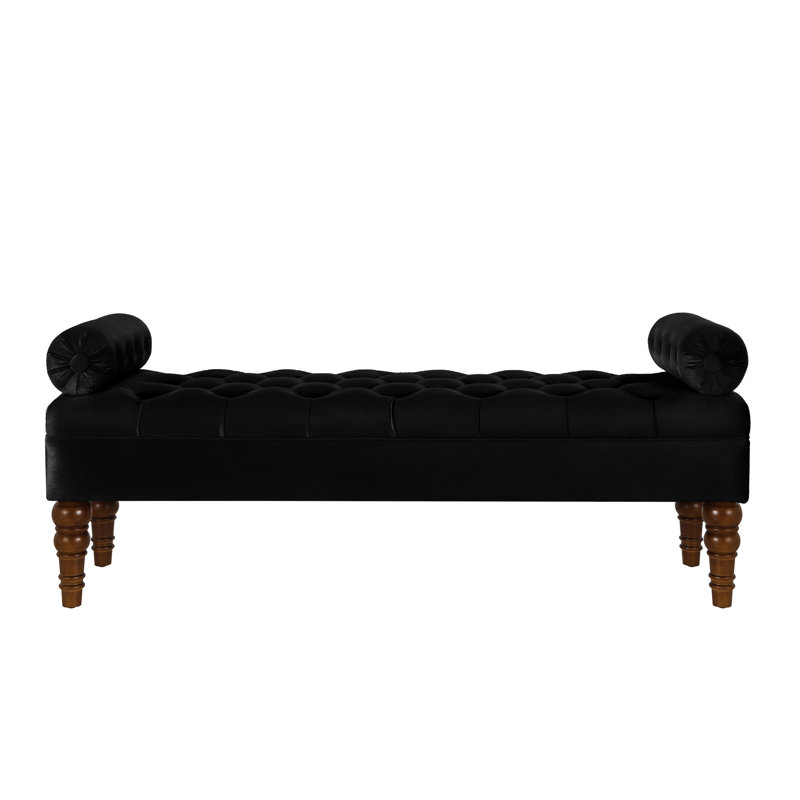 Long Button Bench For Bedroom - Velvet Upholstery Wood Black Upholstered Fabric Entryway, Black