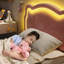 Lit simple à DEL pour enfant - Tête de lit ours, velours, rose-2055420165