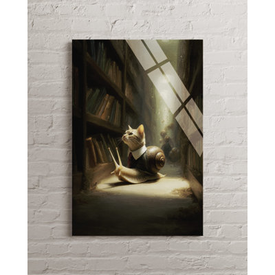 Surreal Cat Snail Tempered Glass Wall Art - Dark Academia Library Decor, Whimsical Scholarly Animal Print, Unique Gothic Fantasy Gift Idea