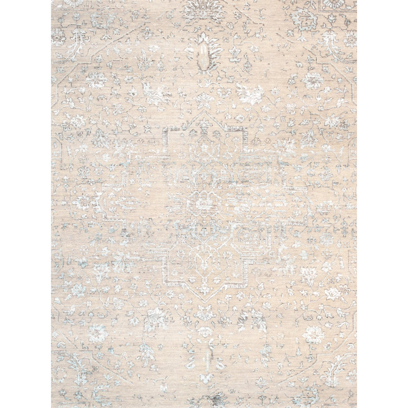 Tapis beige / bleu en laine noué à la main