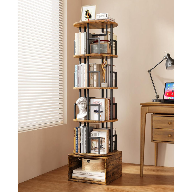 Bibliothèque rotative à 5 niveaux avec armoire de rangement supplémentaire, bibliothèque d'angle pivotante à 360 °