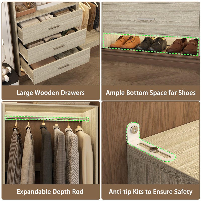  88.8'' W Closet System with Wooden Drawers and Hanging Rods, White Oak
