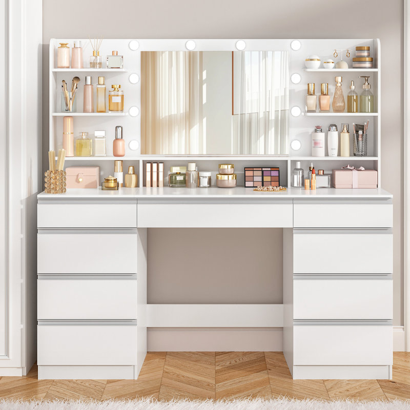 Dressing Table with Bulb Light, Vanity Desk with 1 Large Drawer and 8 Small Drawer Cabinets, Adjustable Brightness, Large HD Mirror, 9 Open Storage Areas, 150 cm desktop, White 