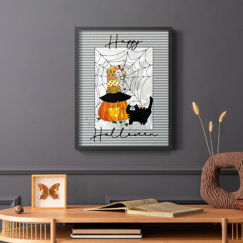 Joyeux Halloween citrouille, reproduction encadrée - bois massif, Noir, H 14 po x l 11 po