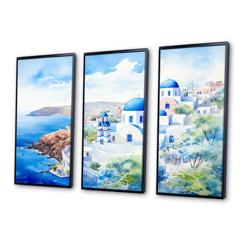 Grèce, paysage de Santorin II - Grèce, art mural, Cadre flottant noir, H 32 po x l 48 po