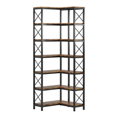 Grande bibliothèque d'angle à 7 niveaux 79,53 ", bibliothèque rustique en bois brun et métal pour le bureau à domicile