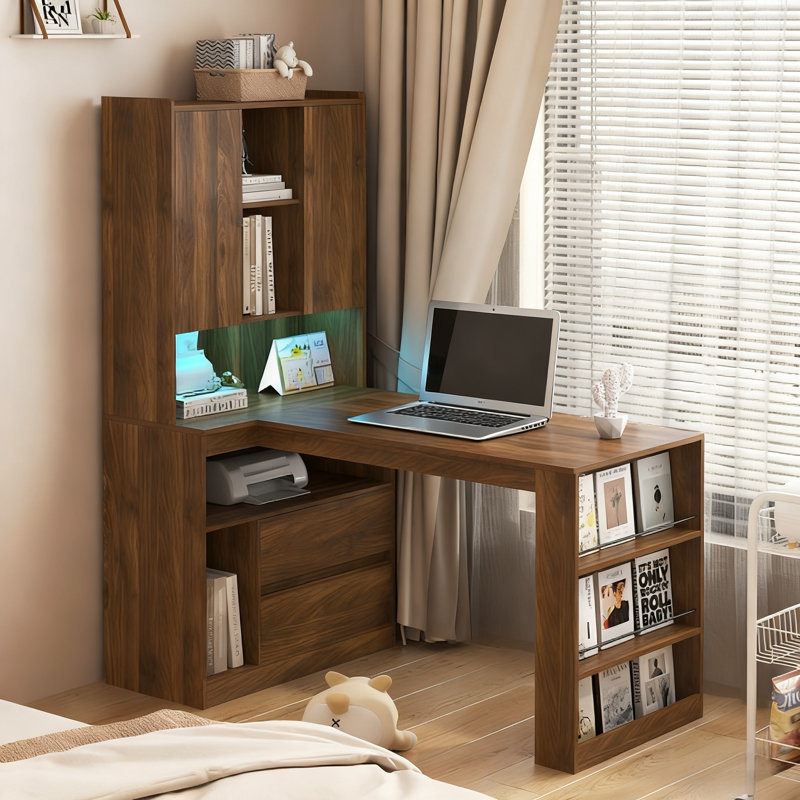 L-Shaped Computer Desk With LED Light, Bookshelf & Storage Drawers