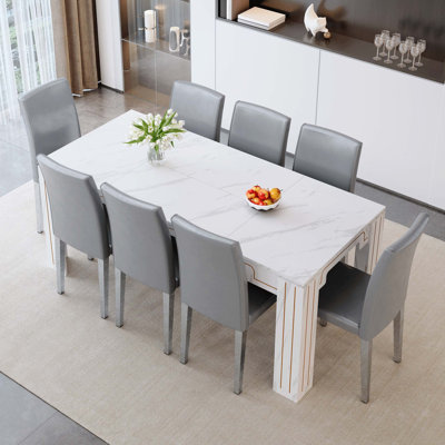 Luxury Dining Set with Imitation Marble Table and PU Chairs