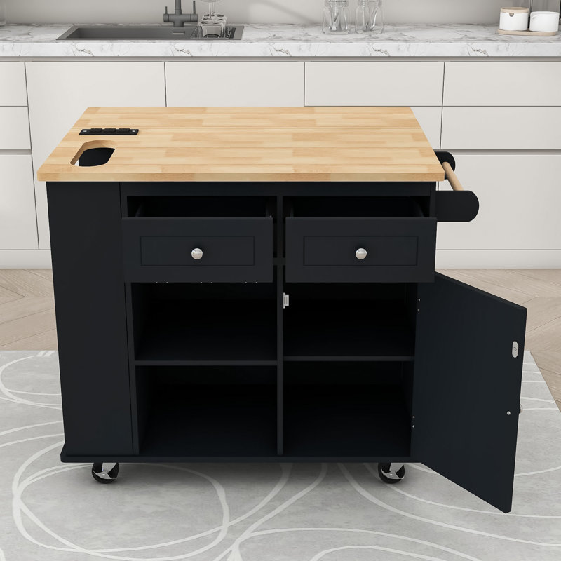 Raegina Kitchen Storage Island with Drop Leaf, 5 Wheels and Wine Rack, Black