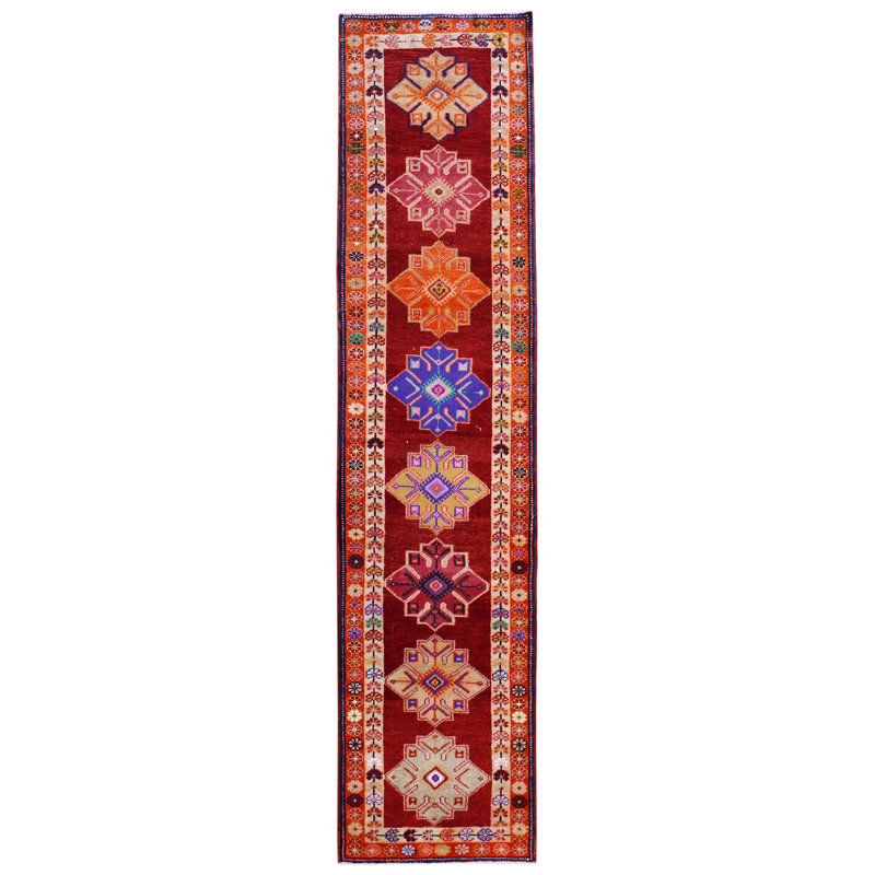 Tapis de couloir unique en laine noué à la main de style années 2000 de 2 pi 11 po x 12 pi 6 po rouge Herki