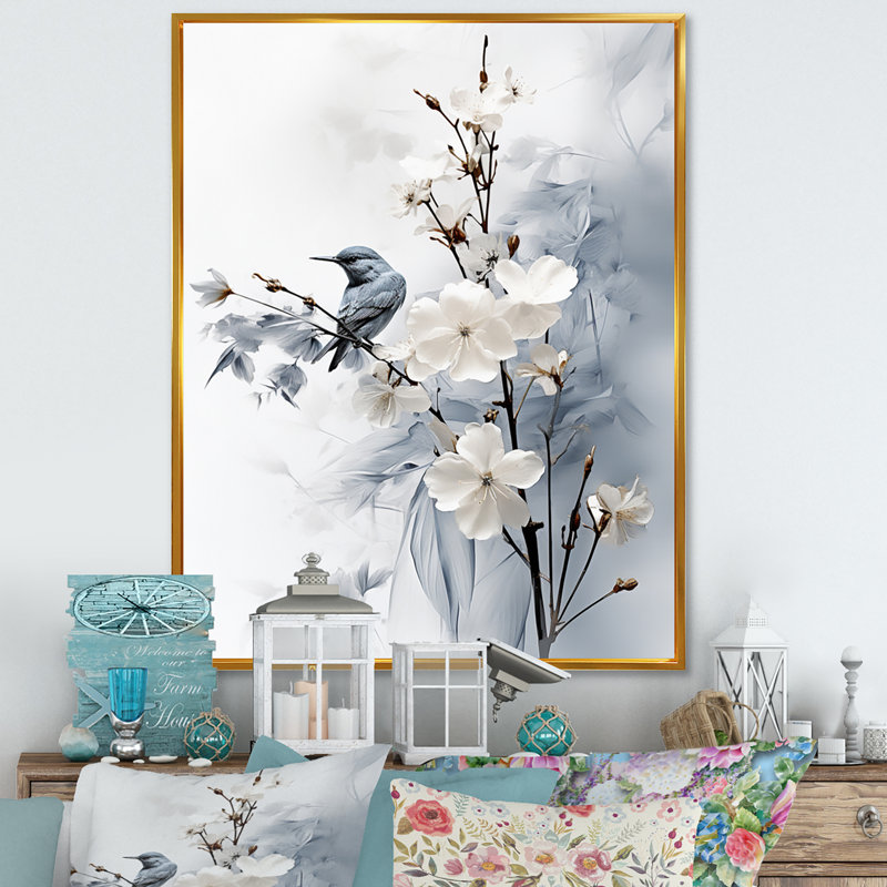 Hoppert Asian Art Apple Blossom Sumi VI - art mural asiatique, H 32 po x l 16 po x P 1 po, Cadre flottant doré