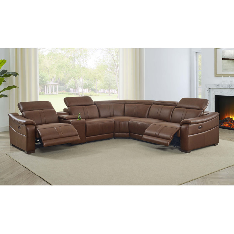 Canapé modulaire réversible inclinable en cuir de 119,5 po de large Ayshea, Similicuir brun, 31.5'' H X 119.5'' W X 106'' D