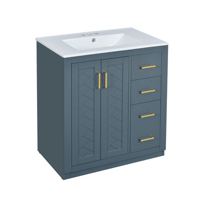 Ensemble de meuble-lavabo 30 po avec lavabo en céramique, armoire de rangement en bois massif, ensemble de meuble-lavabo autoportant avec 3 tiroirs et portes à fermeture douce