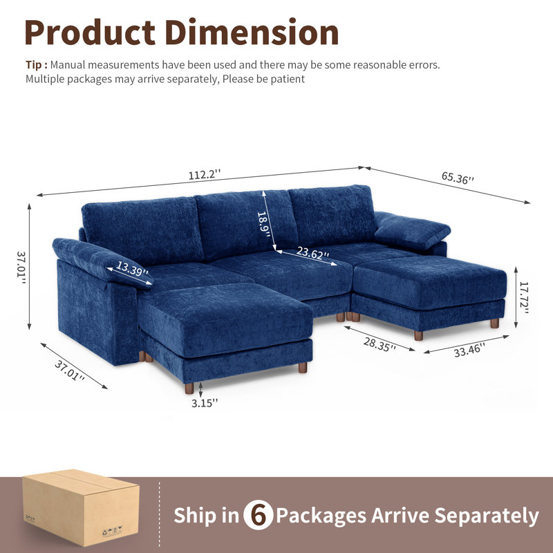 Canapé modulaire moderne pour le salon, Chenille bleu, H 37 po x l 145,7 po x P 37 po