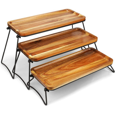 Plateau de service à plusieurs niveaux en bois d'acacia, support à petits gâteaux et à dessert décoratif pour les fêtes, la charcuterie et la maison