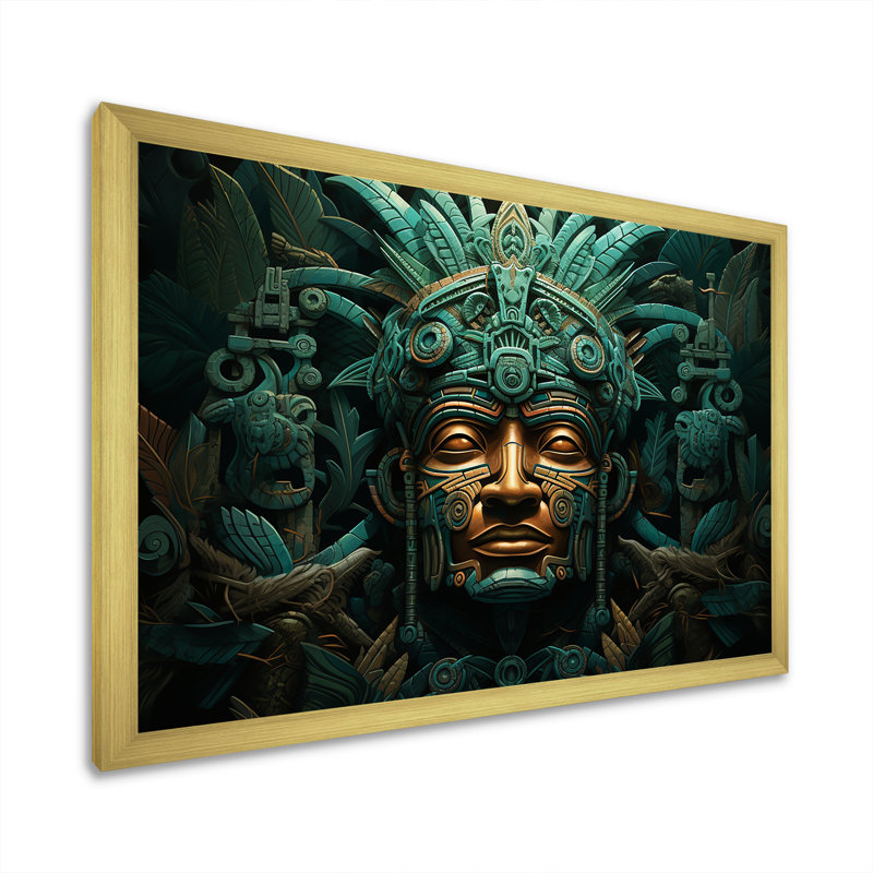 Maya Magic Aztec Mask I - Art mural mexicain, H 34 po x l 44 po x P 1,5 po, Cadre doré simple