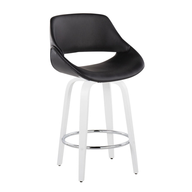 Najrin 26" Fixed-Height Faux Leather Counter Stool with Bent Wood Legs & Round Footrest (Set of 2), White/Chrome, Black