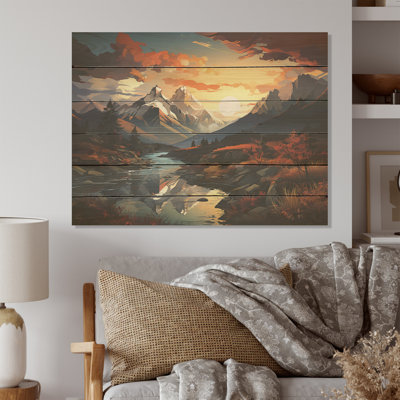 Mountain Sunset Serenity I - montagnes, art sur bois de pin naturel