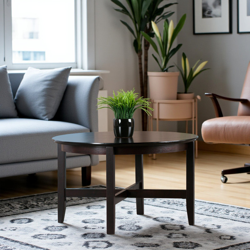 Rachel Espresso Finish Round Coffee Table With X-Cross Legs, 17.9" H X 29.85" W X 29.85" D