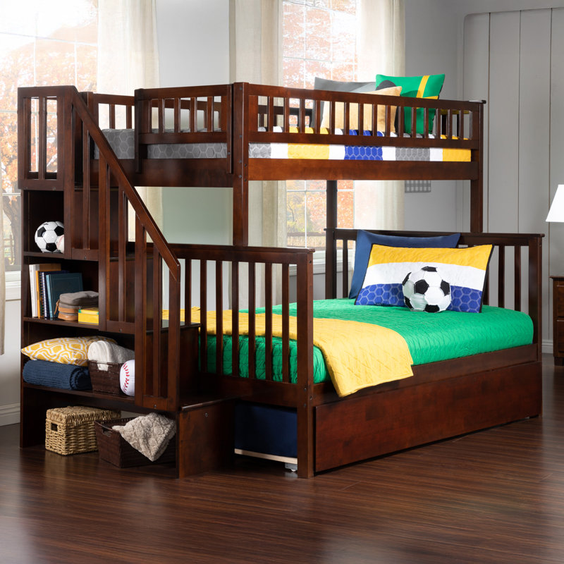 Ilariana Wood Bunk Bed with Staircase and Trundle, Walnut, Twin Over Full