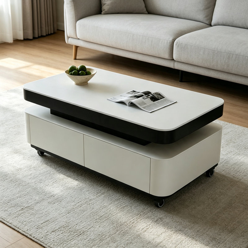 Table basse élégante avec tiroir de rangement en bois, H 18,5 po x l 47,24 po x P 23,62 po, Blanc / noir / crème