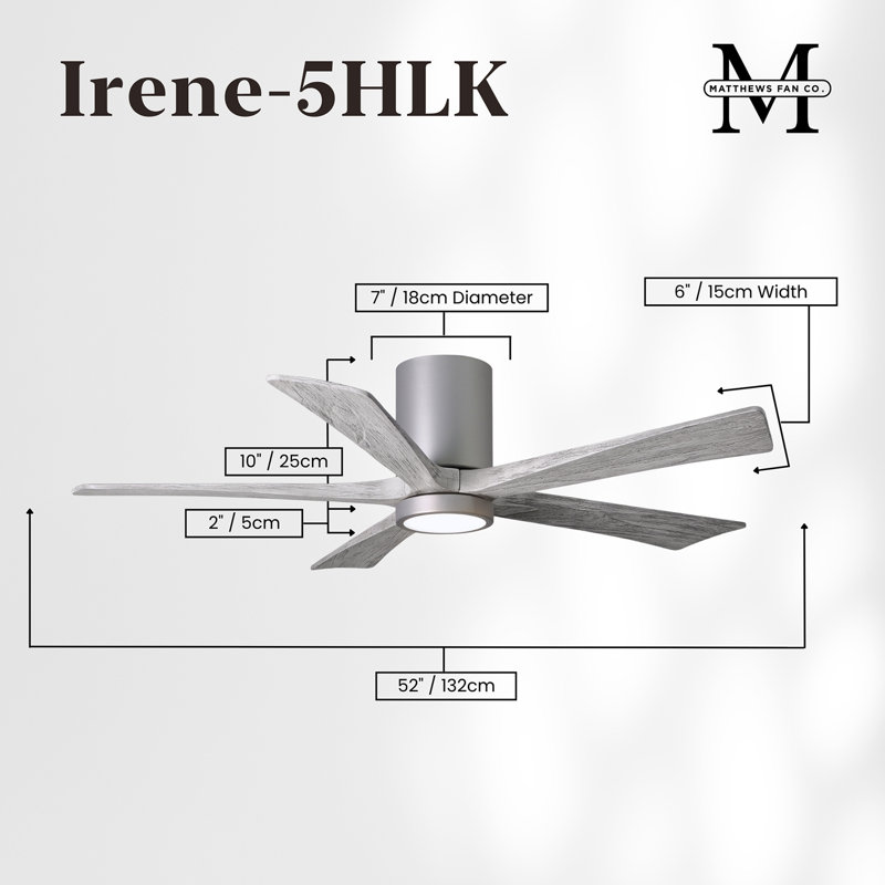 Irene Flushmount Light Kit 5 Blade LED Ceiling Fan, Brushed Nickel, Barn Wood Tone, 52"