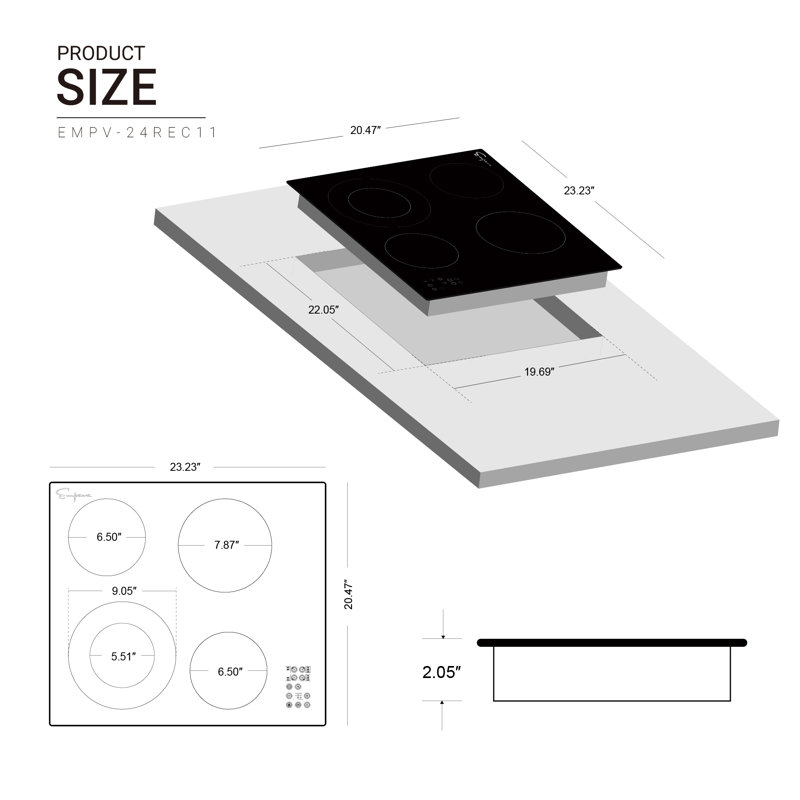 Plaque de cuisson électrique radiant 24 pouces, 4 brûleurs, surface de cuisson électrique 6400W, verrou de sécurité pour enfants, noir Empava