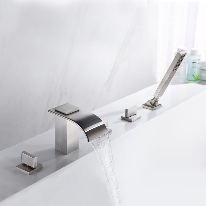 Sumerain Waterfall Bathtub Faucet, Deck Mount High Flow Roman Tub Faucet with Handheld Shower, Brushed Nickel