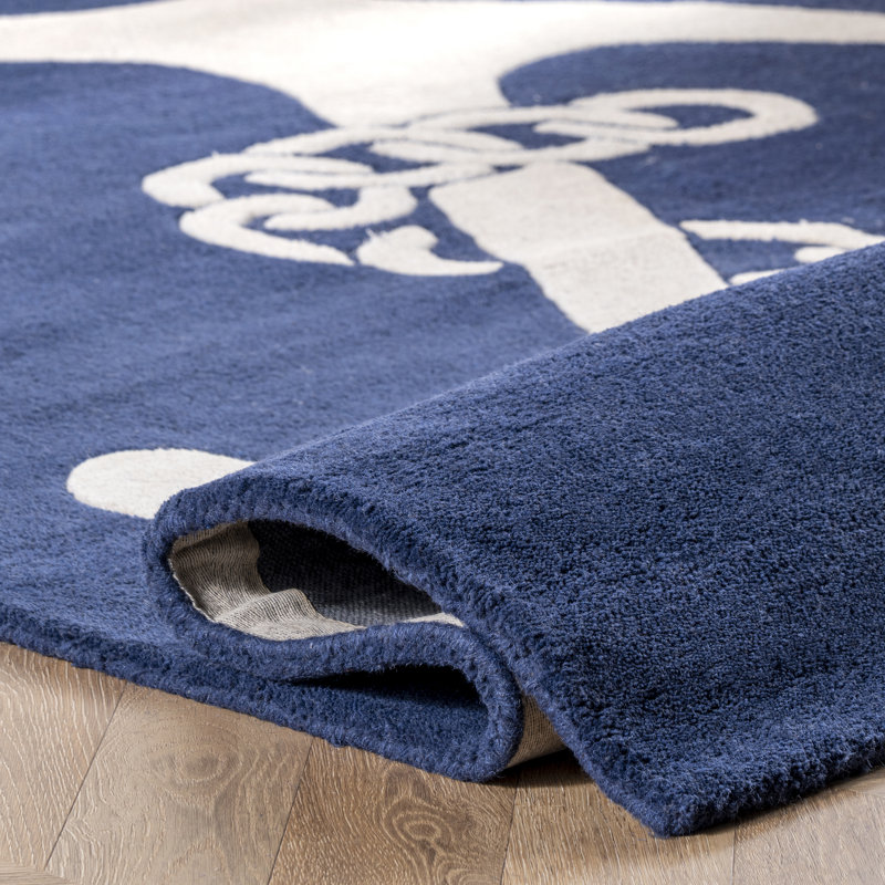 Tapis bleu marine en laine tissé à plat à la main à motif d'ancre Panama, Rectangle de 5 pi x 8 pi