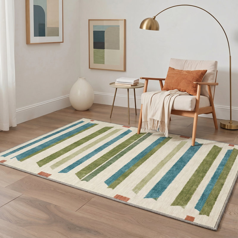 Zenith Modern Machine Washable Beige / Green / Blue Indoor Area Rug with Non-Slip Backing, Rectangle 8' x 10'