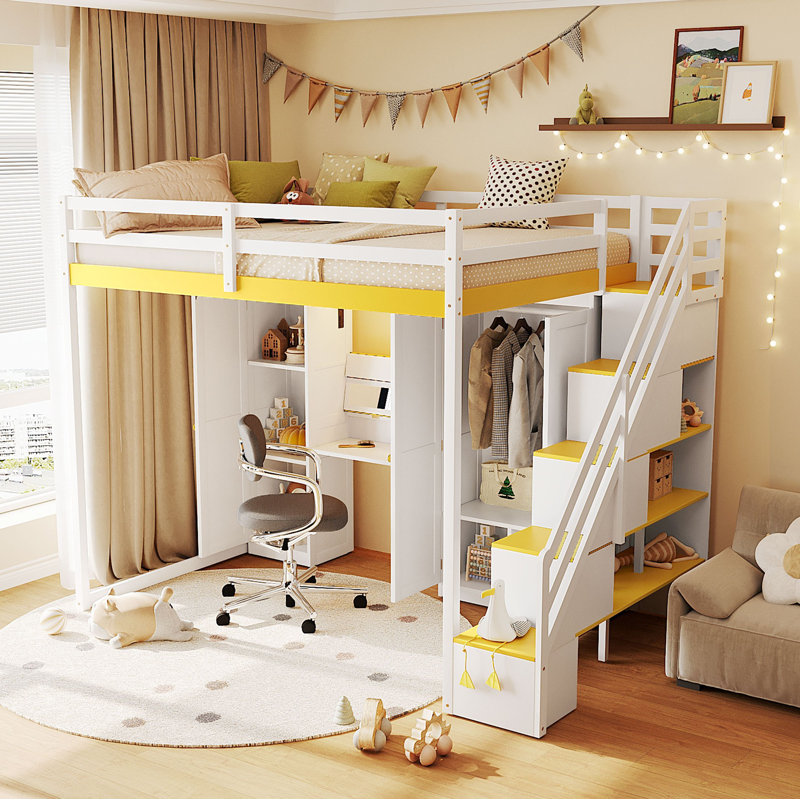 Lit mezzanine double avec escalier de rangement, coiffeuse intégrée avec miroir et tiroir, garde-robe et armoires, ports et lumières de charge USB, blanc et jaune