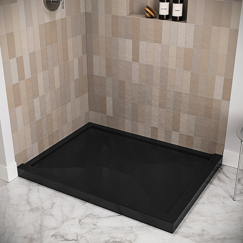 Base de douche 60 po x 36 po en acrylique noir brillant avec drain central, drain inclus, Noir lustré