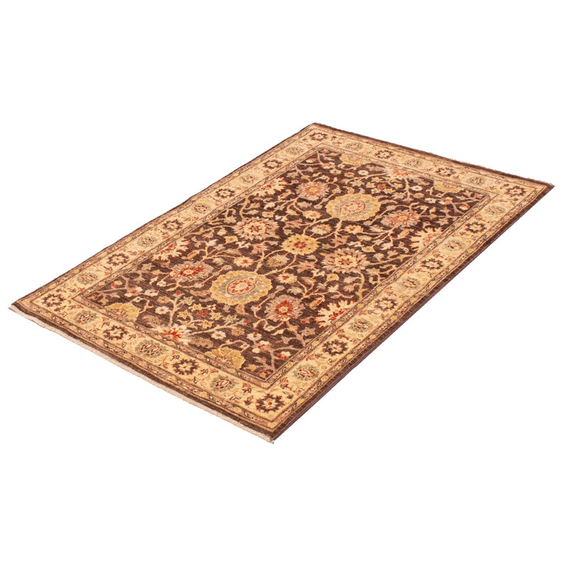 Tapis brun foncé en laine noué à la main de conception unique 4 pi 1 po x 6 pi 2 po New Age