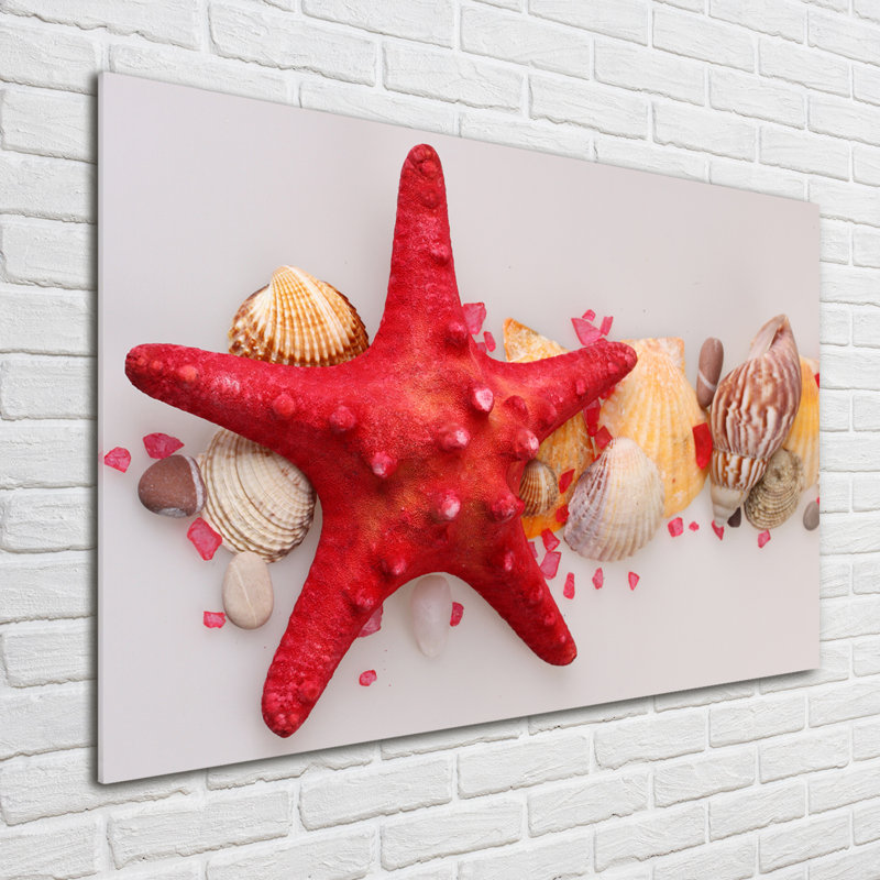 Glass Print Wall Art 100X70cm Image Printed On Glass Decorative Wall Picture Behind Toughened / Tempered Safety Real Glass For Kitchen & Living Room Theme:Starfish And Shells