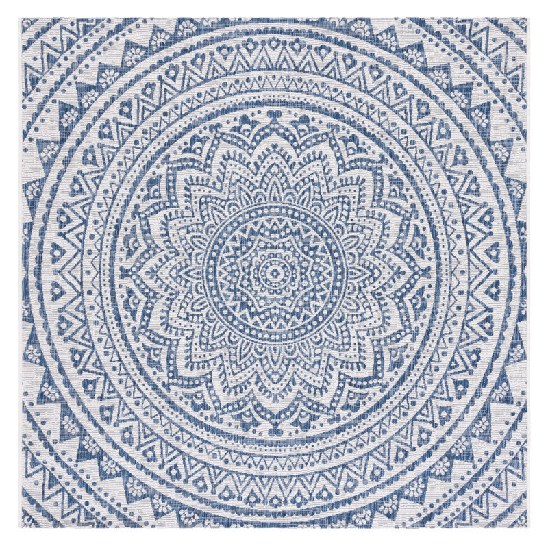 Ellefson Ivory/Navy Indoor/Outdoor Area Rug, Square 6'7"