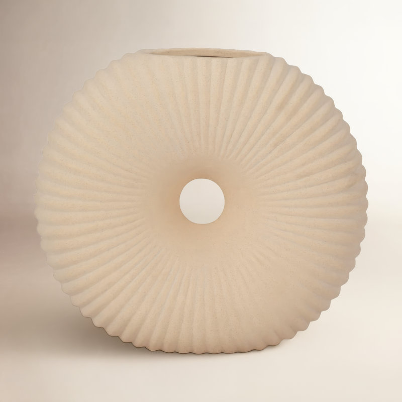Boho Stoneware and Ceramic Decorative Vase with Sculptural Ribbed Design and Textured Wood Detailing, 9" H x 10" W x 4" D