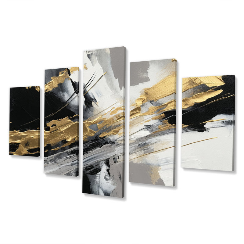 Golden River Wildness abstrait doré et noir - art mural abstrait sur toile - 5 panneaux