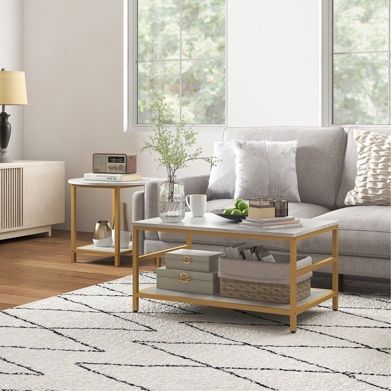 Coffee Tables Set Of 2, 2-Rier Rectangle And Round Coffee Table With Storage Shelves, Faux Marble Top And Steel Frame, Sofa Side Table For Living Room, White